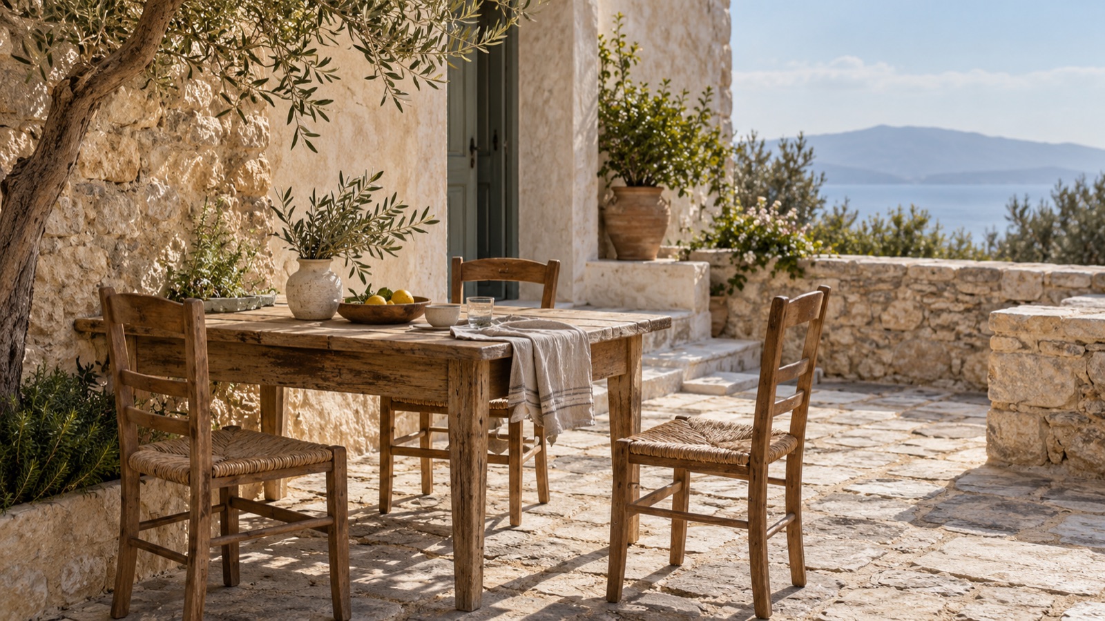 Τραπέζι με τρεις καρέκλες σε ήσυχη ελληνική αυλή, με μία καρέκλα ελαφρώς τραβηγμένη προς τα έξω.