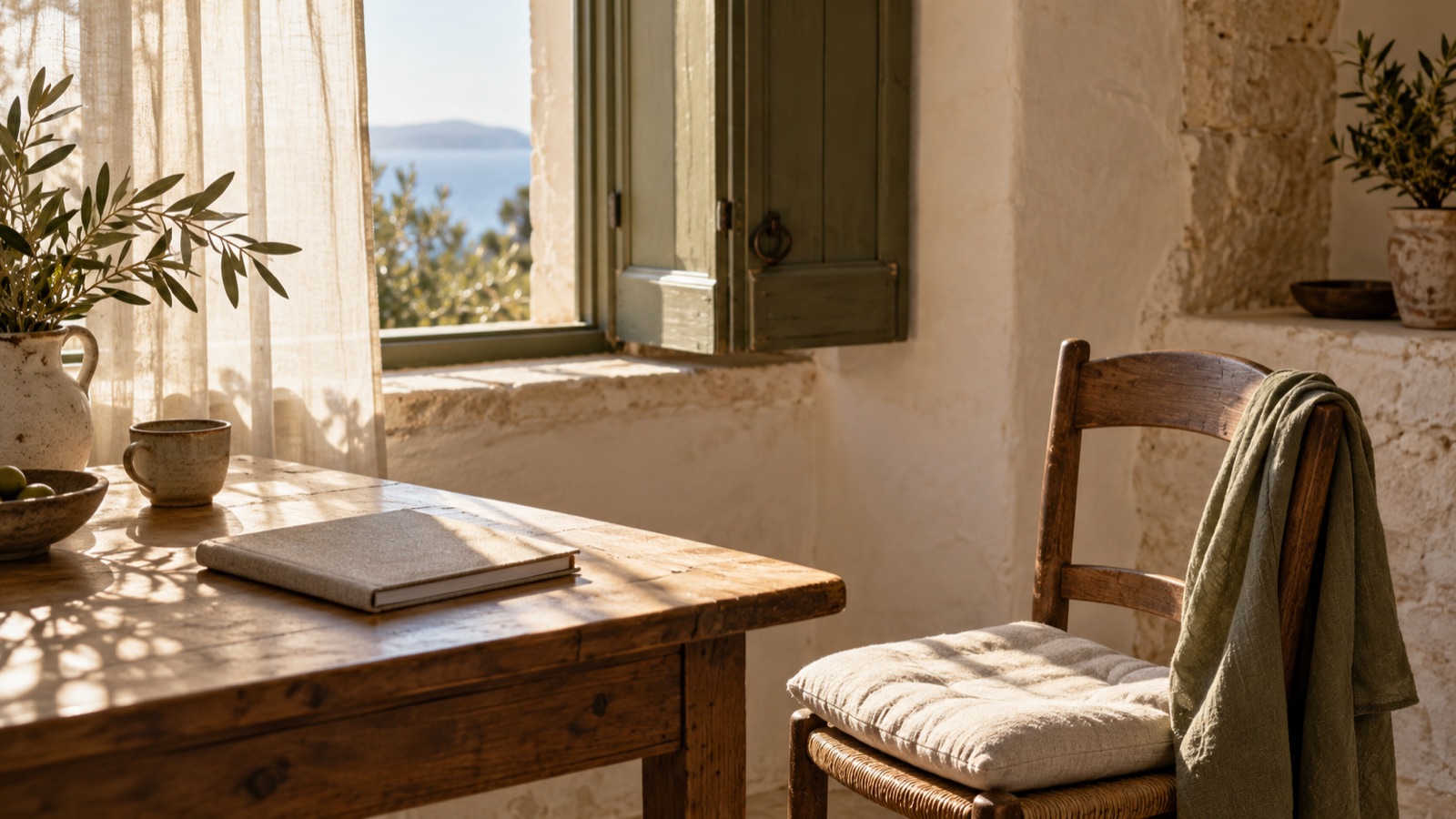 Κλειστό σημειωματάριο σε ξύλινο τραπέζι και άδεια καρέκλα δίπλα σε παράθυρο, με απαλό μεσογειακό φως.